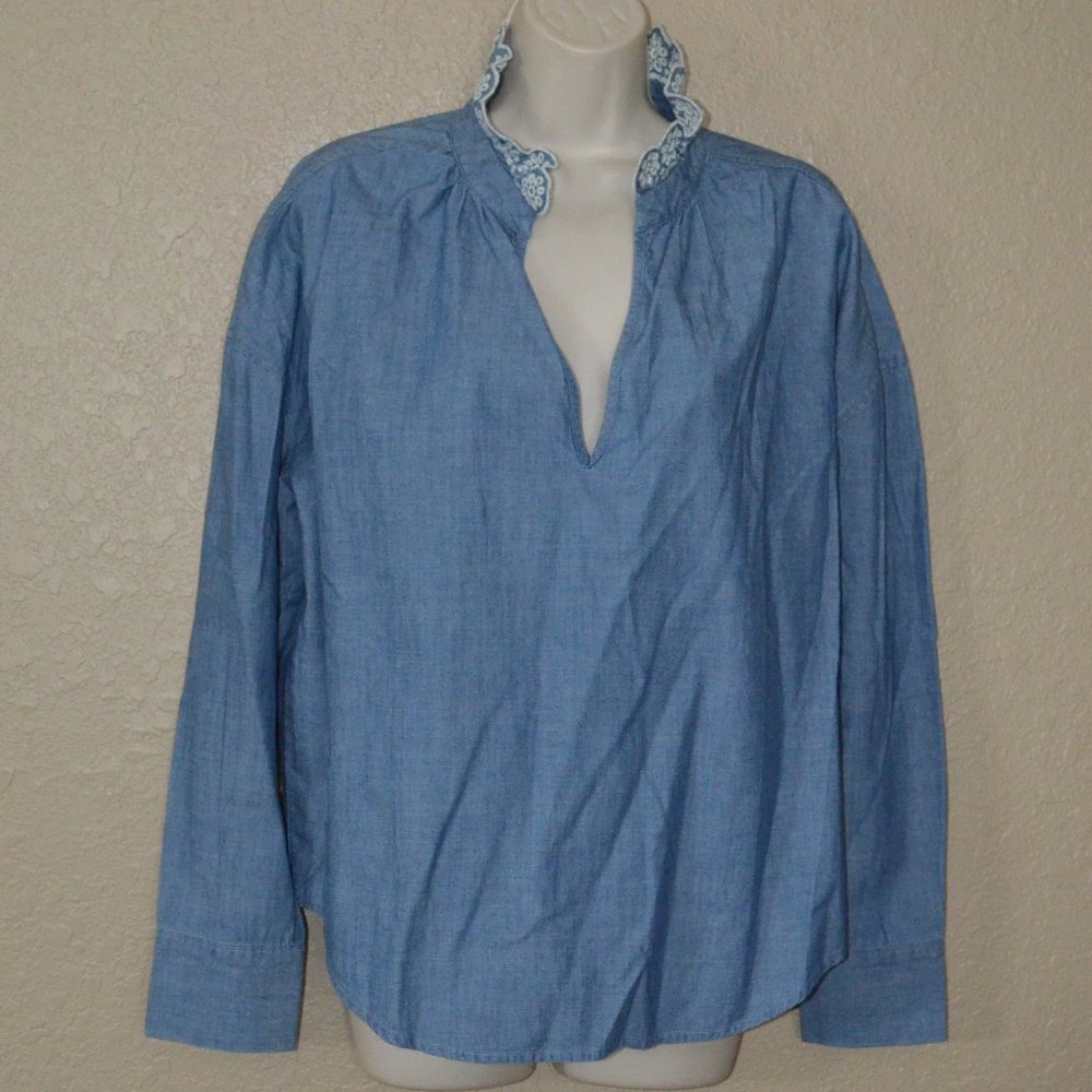 NWT $188 We Are Sundays Tessa Chambray Blue Embroidered Collar Blouse